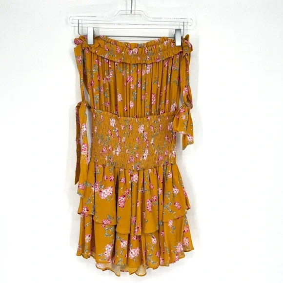 Blue Life Romper Womens M Yellow Floral Ruffle Smocked Strapless Mini Bohemian - Picture 2 of 4